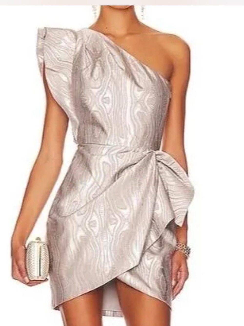 Saylor Ann Woodgrain Jacquard One-Shoulder Mini Dress Silver XS Cocktail Party